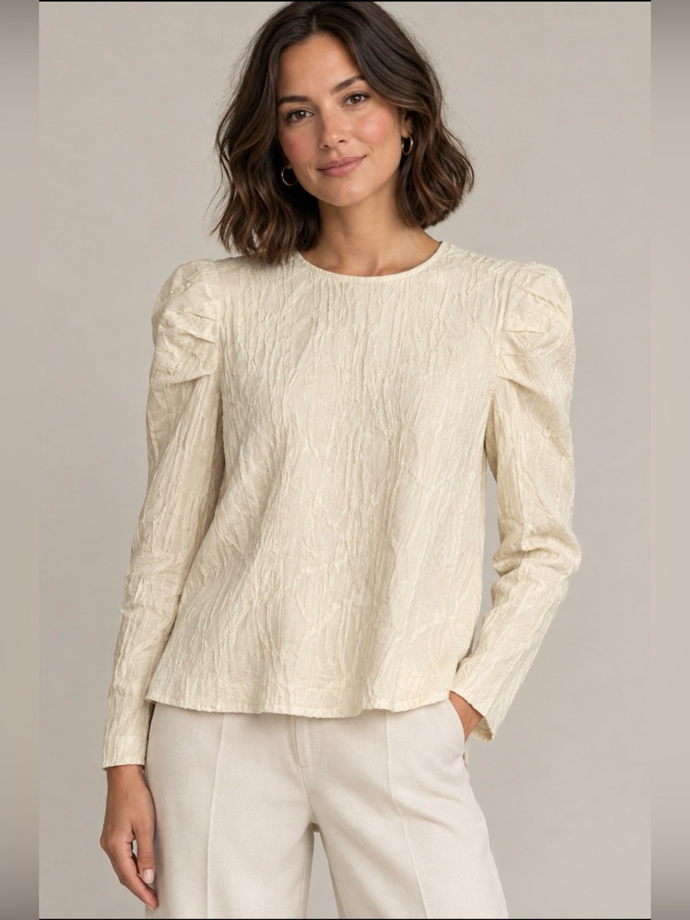 Marie Oliver Ingrid Top in Ash Cream Textured Long-Sleeve Blouse Puffed Sleeves